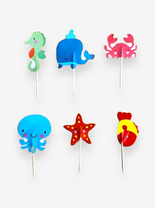 6 stycken - Blandade Tandpetare eller cake toppers med havsdjur